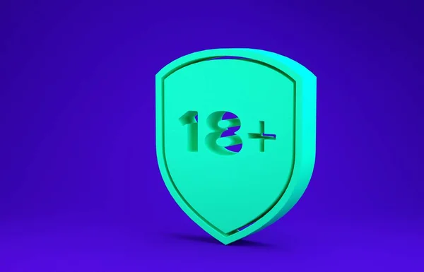 碑文とグリーンシールド18プラスアイコンは青の背景に隔離されています。大人のコンテンツのみ。保護、安全、セキュリティ、保護の概念。最小限の概念。3Dイラスト3Dレンダリング — ストック写真