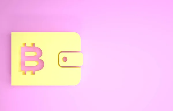 Желтый криптовалютный бумажник значок изолирован на розовом фоне. Бумажник и знак биткойна. Горнодобывающая концепция. Деньги, оплата, наличные, иконка оплаты. Концепция минимализма. 3D-рендеринг — стоковое фото