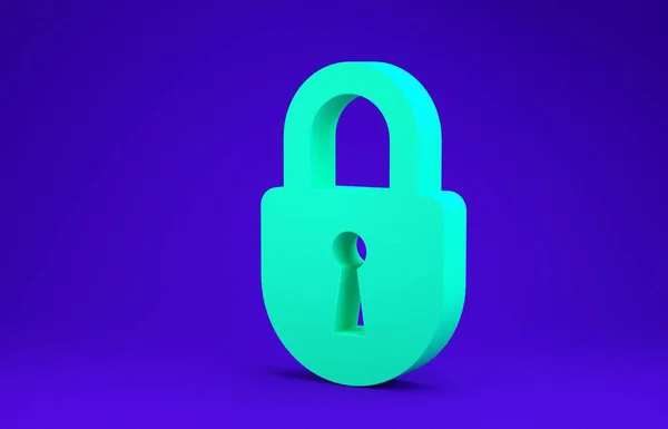 Green Lock Symbol isoliert auf blauem Hintergrund. Vorhängeschloss. Sicherheit, Sicherheit, Schutz, Privatsphäre. Minimalismus-Konzept. 3D Illustration 3D Renderer — Stockfoto