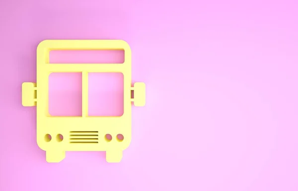 Icono de Bus Amarillo aislado sobre fondo rosa. Concepto de transporte. Autobús señal de transporte turístico. Símbolo turístico o de vehículo público. Concepto minimalista. 3D ilustración 3D render — Foto de Stock