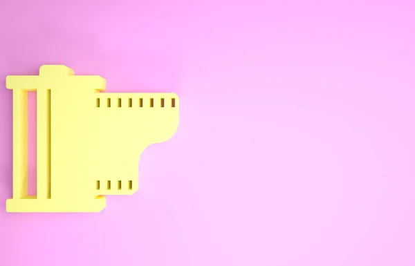 Žlutá kamera vintage film role cartridge ikona izolované na růžovém pozadí. Film naviják. Kinofilm kanystr. Filmové vybavení pro fotografy. Minimalismus. 3D ilustrace 3D vykreslení — Stock fotografie