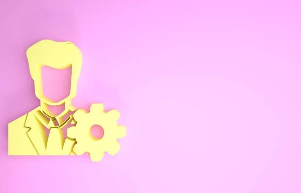 ピンクの背景に隔離された黄色のプロフィール設定アイコン。ユーザー設定アイコン。プロフィール歯車付きアバター。アカウントアイコン。男性のシルエット。最小限の概念。3Dイラスト3Dレンダリング — ストック写真