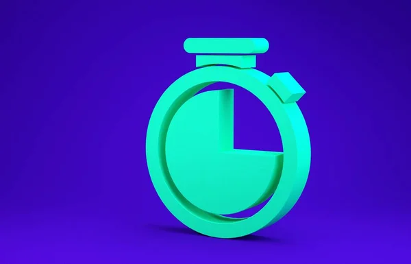 Green Stopwatch icon isolated on blue background. Time timer sign. Minimalism concept. 3d illustration 3D render — Stock Photo, Image