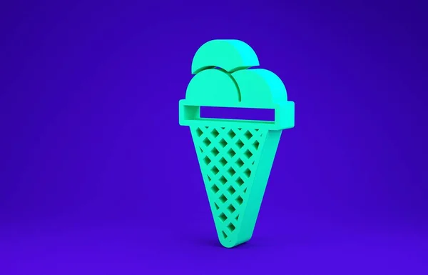 Zelená zmrzlina ve vaflovacím kuželu ikona izolované na modrém pozadí. Pěkný symbol. Minimalismus. 3D ilustrace 3D vykreslení — Stock fotografie