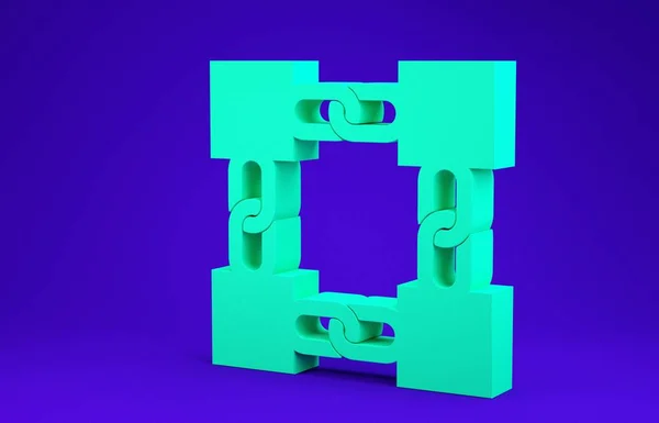 Icona della tecnologia Blockchain verde isolato su sfondo blu. Dati di criptovaluta. Abstract geometrico blocco catena di business tecnologia di rete. Concetto minimalista. Illustrazione 3d rendering 3D — Foto Stock