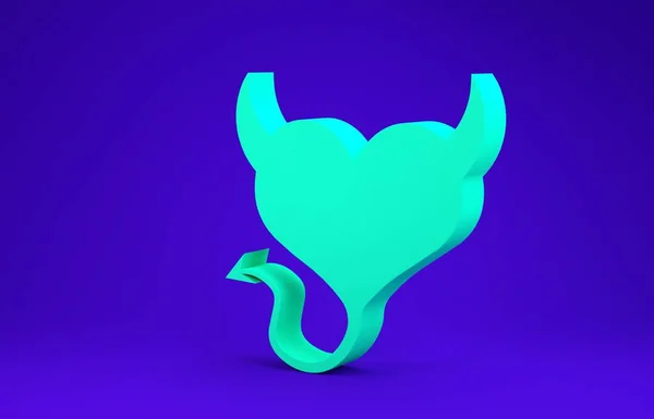 Green Devil heart with horns and a tail icon isolated on blue background. Valentines Day symbol. Minimalism concept. 3d illustration 3D render