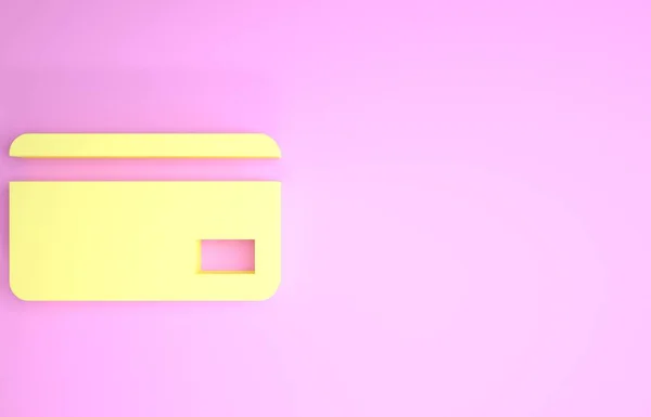 Icône de carte de crédit jaune isolé sur fond rose. Paiement en ligne. Retrait d'argent. Opérations financières. Panneau shopping. Concept de minimalisme. Illustration 3D rendu 3D — Photo