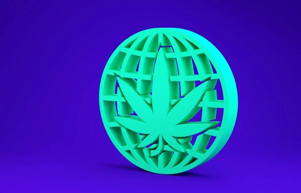 Verde Legalizzare marijuana o icona simbolo globo di cannabis isolato su sfondo blu. Simbolo di canapa. Concetto minimalista. Illustrazione 3d rendering 3D — Foto Stock