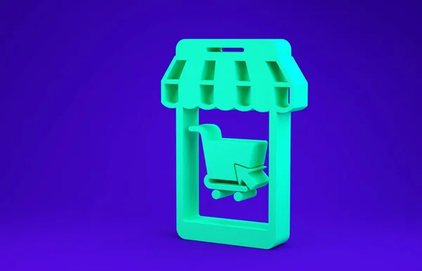 Zielony telefon komórkowy i koszyk z ikoną markizy w paski izolowane na niebieskim tle. Symbol zakupu online. Symbol koszyka w supermarkecie. Koncepcja minimalizmu. Ilustracja 3d — Zdjęcie stockowe