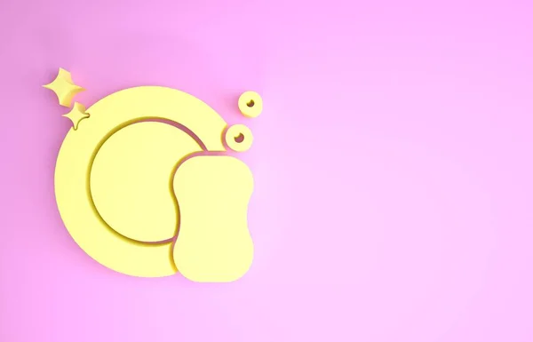 Icono de los platos de lavado amarillo aislado sobre fondo rosa. Placa y esponja. Icono de platos de limpieza. Señal de lavavajillas. Signo de vajilla limpia. Concepto minimalista. 3D ilustración 3D render —  Fotos de Stock