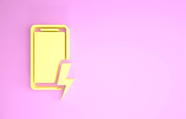 Ícone de bateria de carregamento de Smartphone amarelo isolado no fundo rosa. Telefone com bateria fraca. Conceito de minimalismo. 3D ilustração 3D render — Fotografia de Stock