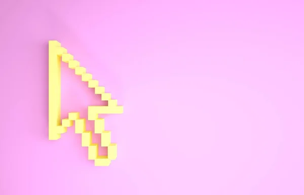 Žlutý Pixel šipka ikona izolované na růžovém pozadí. Minimalismus. 3D ilustrace 3D vykreslení — Stock fotografie