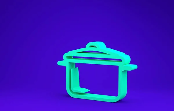 青の背景に隔離された緑の調理ポットアイコン。沸騰またはシチュー食品のシンボル。最小限の概念。3Dイラスト3Dレンダリング — ストック写真