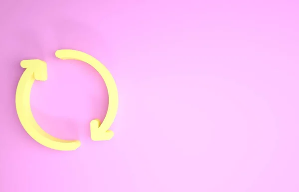 Żółta ikona Refresh odizolowana na różowym tle. Symbol przeładunku. Strzałki obrotowe w znaku koła. Koncepcja minimalizmu. Ilustracja 3d — Zdjęcie stockowe