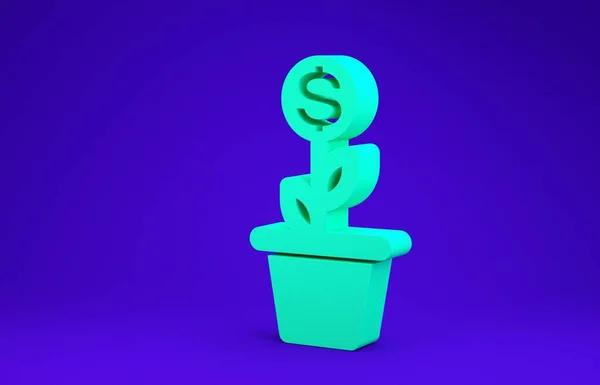 绿色的美元植物在罐子图标孤立的蓝色背景. 商业投资增长概念。 资金储蓄和投资。 最低纲领的概念。 3d说明3d — 图库照片