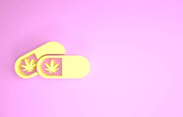 Gelbe medizinische Pillen mit Marihuana oder Cannabisblatt auf rosa Hintergrund isoliert. Attrappe von Cannabisöl-Extrakten in Gläsern. Minimalismus-Konzept. 3D Illustration 3D Renderer — Stockfoto
