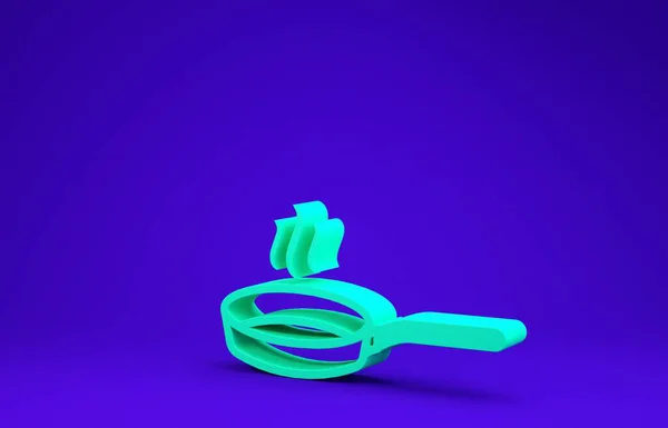 Grünes Pfannensymbol isoliert auf blauem Hintergrund. Frittieren oder Braten. Minimalismus-Konzept. 3D Illustration 3D Renderer — Stockfoto