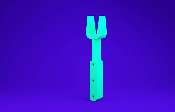 Зелена виделка барбекю ізольована на синьому фоні. Знак вилки барбекю. Барбекю та гриль-інструмент. Концепція мінімалізму. 3D ілюстрація 3D рендеринга — стокове фото