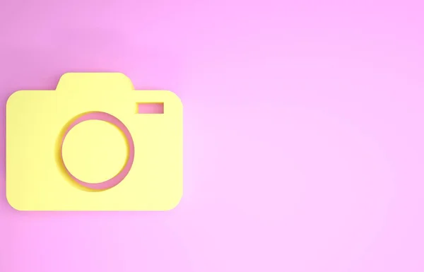 Ikon kamera Foto Kuning terisolasi pada latar belakang merah muda. Ikon kamera Foto. Konsep minimalisme. Tampilan 3D ilustrasi 3d — Stok Foto