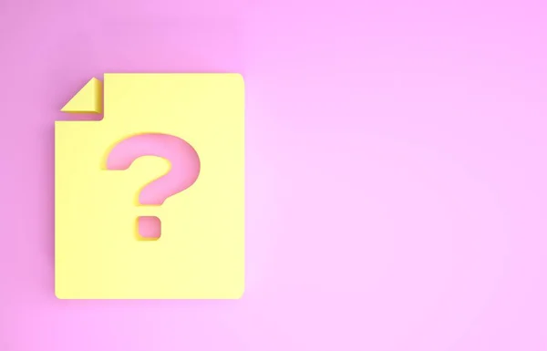 Yellow Unknown document icon isolated on pink background. File with Question mark. Hold report, service and global search sign. Minimalism concept. 3d illustration 3D render