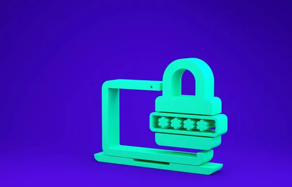 Laptop verde com notificação de senha e ícone de bloqueio isolado no fundo azul. Segurança, acesso pessoal, autorização do usuário, formulário de login. Conceito de minimalismo. 3D ilustração 3D render — Fotografia de Stock