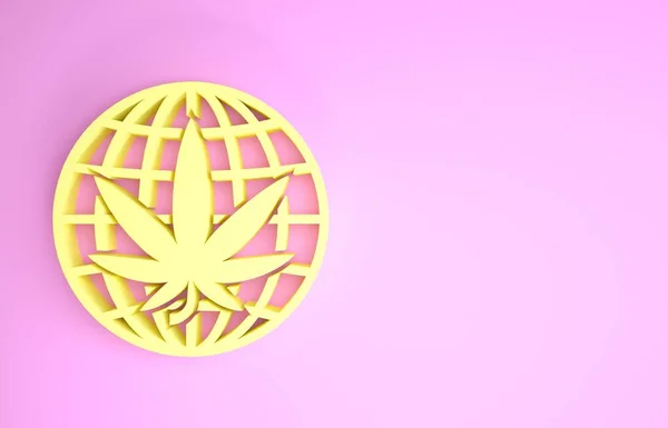 Giallo Legalizzare marijuana o icona simbolo globo di cannabis isolato su sfondo rosa. Simbolo di canapa. Concetto minimalista. Illustrazione 3d rendering 3D — Foto Stock