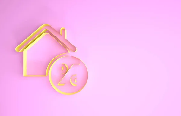 Casa amarilla con percant icono de etiqueta de descuento aislado sobre fondo rosa. Casa porcentaje signo precio. Casa de bienes raíces. Porcentaje de crédito. Concepto minimalista. 3D ilustración 3D render — Foto de Stock