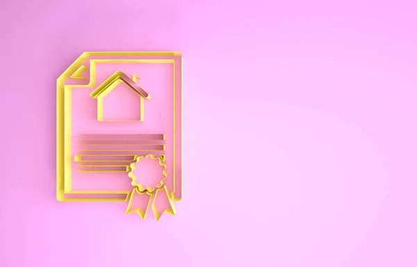 Yellow House kontrakt ikon isolerad på rosa bakgrund. Kontraktsskapande tjänst, dokumentbildning, ansökningsformulär sammansättning. Minimalistiskt koncept. 3D-återgivning för 3D — Stockfoto