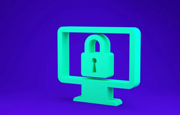 青の背景に隔離されたコンピュータのモニター画面アイコン上の緑のロック。監視と南京錠。セキュリティ、安全、保護の概念。安全なインターネットだ最小限の概念。3Dイラスト3Dレンダリング — ストック写真