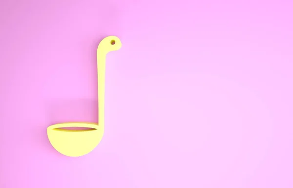 Icona mestolo da cucina gialla isolata su sfondo rosa. Utensile da cucina. Segno cucchiaio posate. Concetto minimalista. Illustrazione 3d rendering 3D — Foto Stock