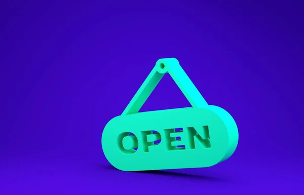 Sinal de suspensão verde com texto Ícone de porta aberta isolado no fundo azul. Conceito de minimalismo. 3D ilustração 3D render — Fotografia de Stock