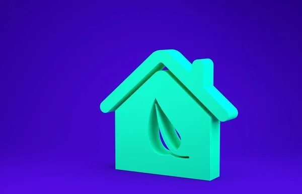 Ikon rumah ramah Green Eco terisolasi dengan latar belakang biru. Rumah Eco dengan daun. Konsep minimalisme. Tampilan 3D ilustrasi 3d — Stok Foto
