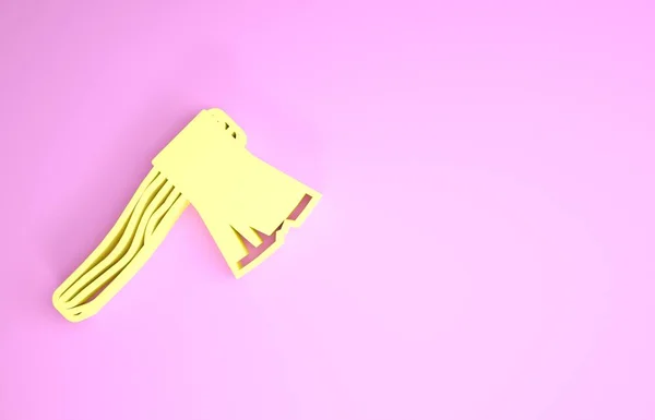 Giallo Vecchia icona ascia di legno isolato su sfondo rosa. Ascia taglialegna. Concetto minimalista. Illustrazione 3d rendering 3D — Foto Stock