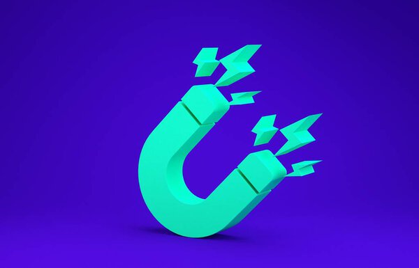 Зеленый магнит со светоотражающим значком на синем фоне. Подковообразный магнит, магнетизм, магнетизм, знак притяжения. Концепция минимализма. 3D-рендеринг
