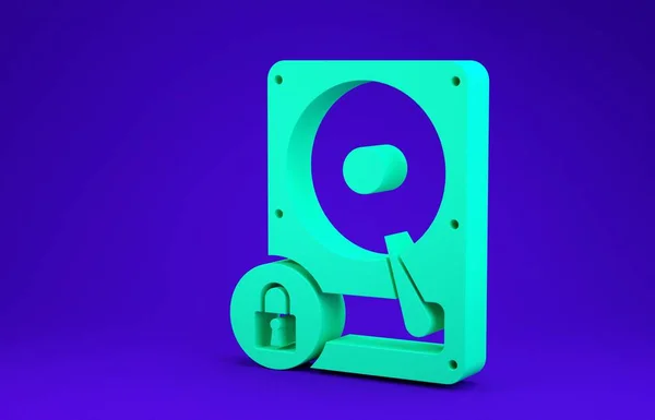 绿色硬盘驱动器和锁定图标隔离在蓝色背景. Hhd和挂锁。 安保、安全、保护概念。 最低纲领的概念。 3d说明3d — 图库照片