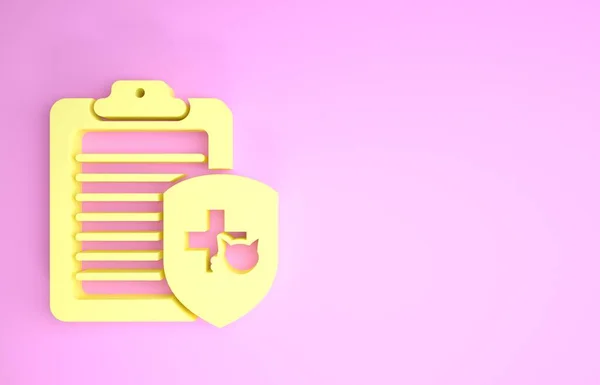 Clipboard Amarelo com registro clínico médico ícone do animal de estimação isolado em fundo rosa. Formulário de seguro de saúde. Relatório de marcas médicas. Conceito de minimalismo. 3D ilustração 3D render — Fotografia de Stock