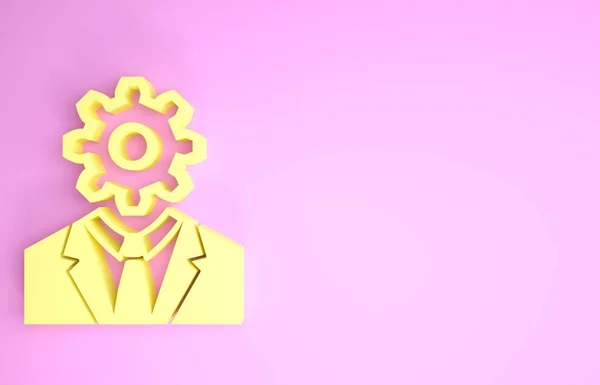 Cabeça humana amarela com engrenagem dentro ícone isolado no fundo rosa. Inteligência artificial. A pensar no sinal do cérebro. Trabalho simbólico do cérebro. Conceito de minimalismo. 3D ilustração 3D render — Fotografia de Stock