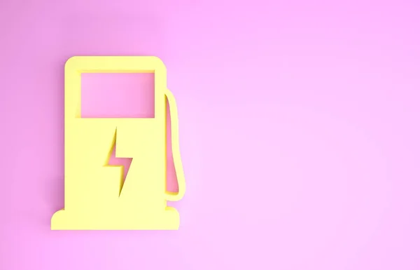 Ícone da estação de carregamento do carro elétrico amarelo isolado no fundo rosa. Sinal de bomba de combustível elétrico Eco. Conceito de minimalismo. 3D ilustração 3D render — Fotografia de Stock