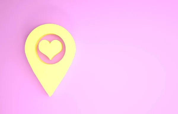 Жовтий картний вказівник з піктограмою серця ізольовано на рожевому фоні. Концепція мінімалізму. 3D ілюстрація 3D рендеринга — стокове фото