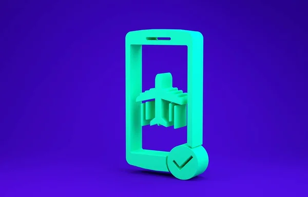 Cep telefonu simgesindeki yeşil uçuş modu mavi arkaplanda izole edildi. Uçak ya da uçak çevrimdışı mod yolcu tüzüğü havayolu. Minimalizm kavramı. 3d illüstrasyon 3d canlandırma — Stok fotoğraf