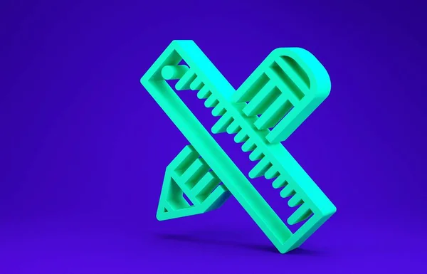 Зелена перехрещена лінійка та піктограма олівця ізольовані на синьому фоні. Символ прямокутника. Малювання та освітні інструменти. Концепція мінімалізму. 3D ілюстрація 3D рендеринга — стокове фото
