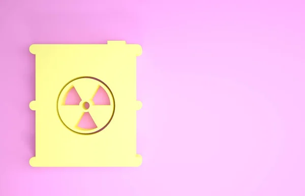 Desperdício radioativo amarelo no ícone do tambor isolado sobre fundo rosa. Um barril de lixo tóxico. Emissões radioactivas de lixo, poluição ambiental. Conceito de minimalismo. 3D ilustração 3D render — Fotografia de Stock