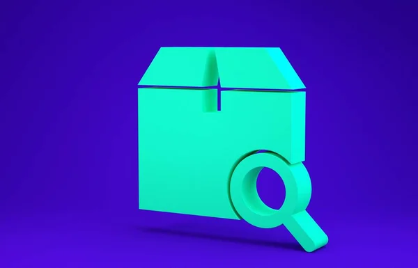 Ikona balíčku zeleného hledání izolovaná na modrém pozadí. Symbol sledování balíků. Lupa a lepenková krabice. Logistické a doručovací. Minimalismus. 3D ilustrace 3D vykreslení — Stock fotografie