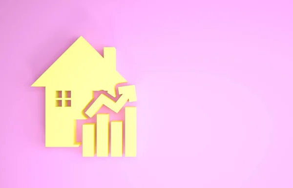 Жовтий Підвищена вартість значка житла ізольовано на рожевому фоні. Підвищення ціни на нерухомість. Збільшується житловий графік. Концепція мінімалізму. 3D ілюстрація 3D рендеринга — стокове фото