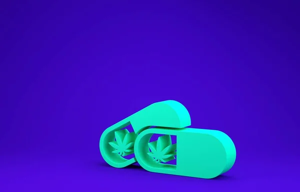 Pillole mediche verdi con marijuana o icona di foglie di cannabis isolate su sfondo blu. Falsificazione di estratti di olio di cannabis in barattoli. Concetto minimalista. Illustrazione 3d rendering 3D — Foto Stock