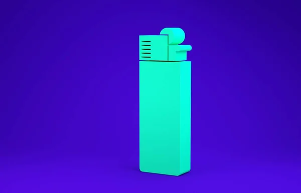 Icono de encendedor verde aislado sobre fondo azul. Concepto minimalista. 3D ilustración 3D render —  Fotos de Stock