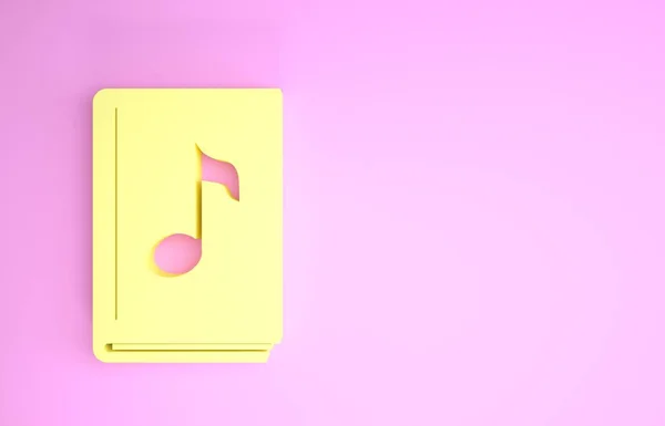 Icona dell'audiolibro giallo isolato su sfondo rosa. Nota musicale con libro. Segnale audio guida. Concetto di apprendimento online. Concetto minimalista. Illustrazione 3d rendering 3D — Foto Stock