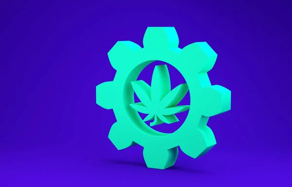 Provetta chimica verde con icona di marijuana o foglie di cannabis isolata su fondo blu. Concetto di ricerca. Concetto di olio di CBD di laboratorio. Concetto minimalista. Illustrazione 3d rendering 3D — Foto Stock