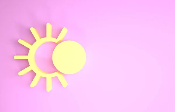 Желтое затмение значка солнца, выделенного на розовом фоне. Полное гидролокационное затмение. Концепция минимализма. 3D-рендеринг — стоковое фото