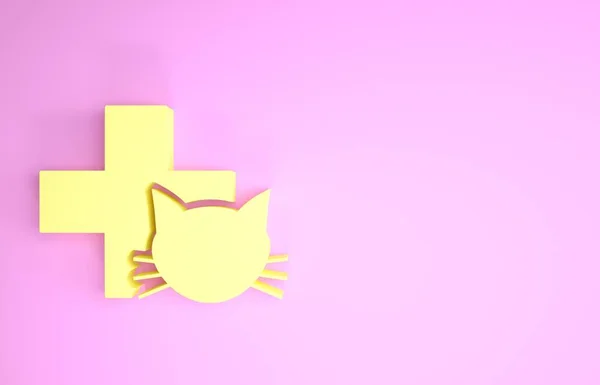 Желтый символ ветеринарной клиники выделен на розовом фоне. Крест с кошачьим ветеринаром. Знак "Скорая помощь для домашних животных". Концепция минимализма. 3D-рендеринг — стоковое фото